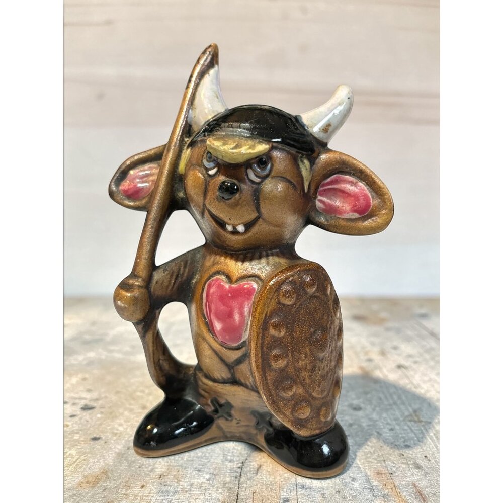 Vintage Ceramic Viking Mouse Figurine With Shield & Spear Hand-Painted Vintage D